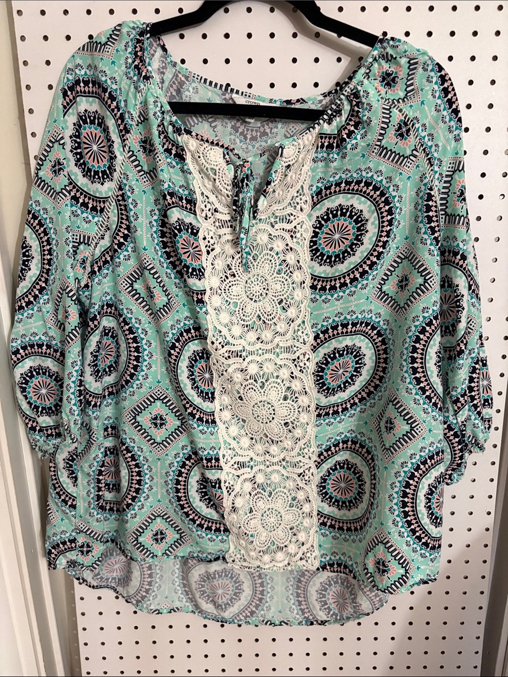 crown & ivy Turquoise Medallion Crochet-Front Blouse